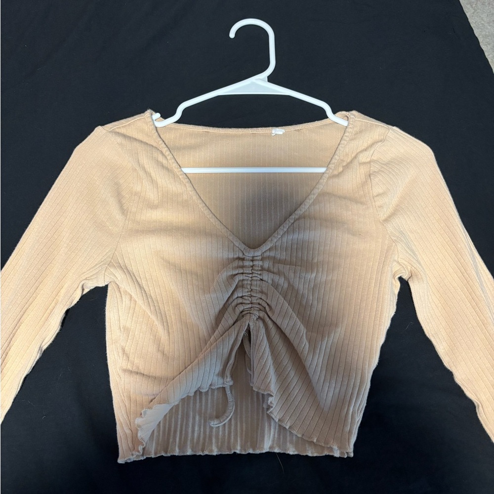 Ruched V-Neck Tan Top